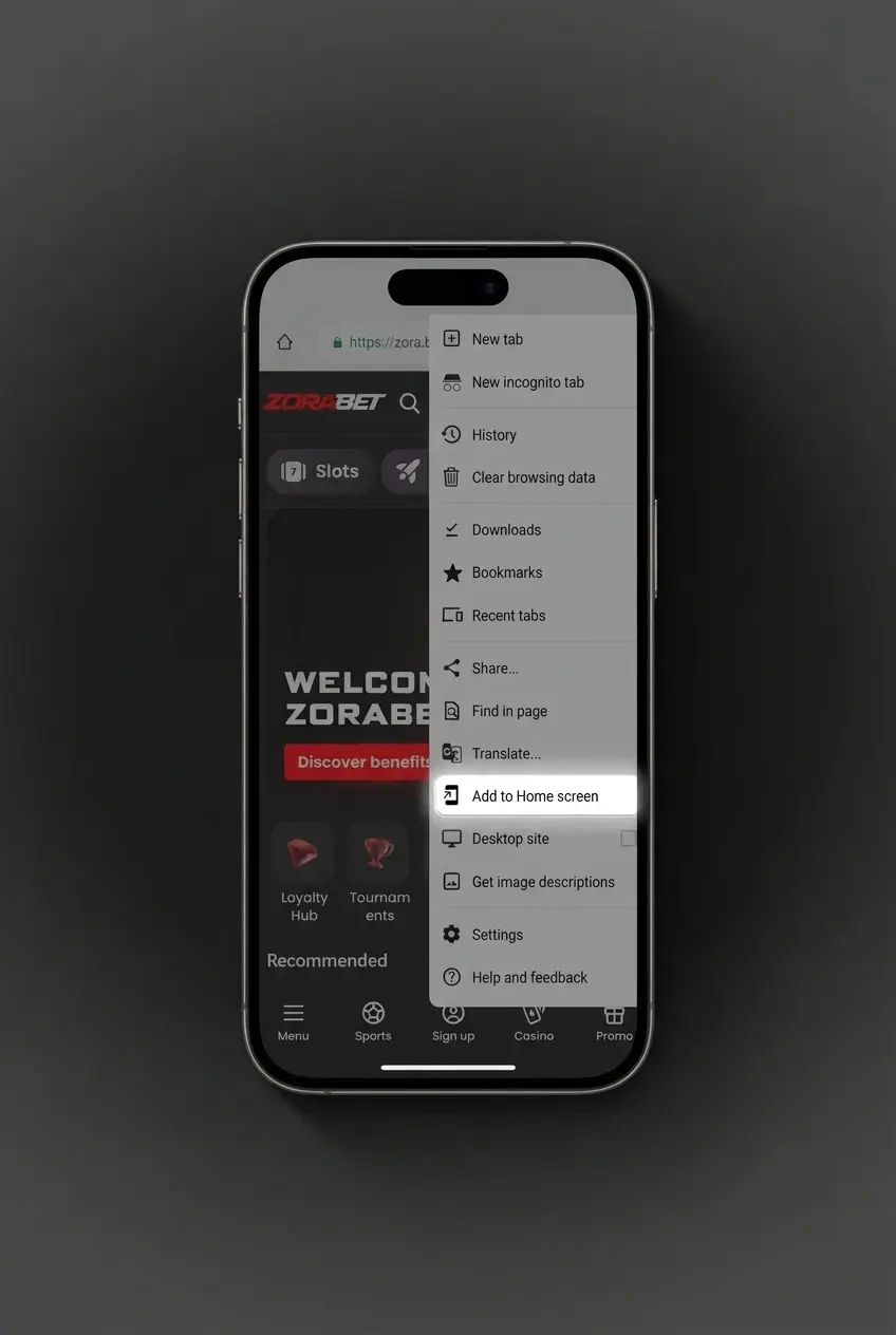 Ghid vizual pentru adăugarea ZoraBet pe ecranul principal Android prin Chrome, fără APK